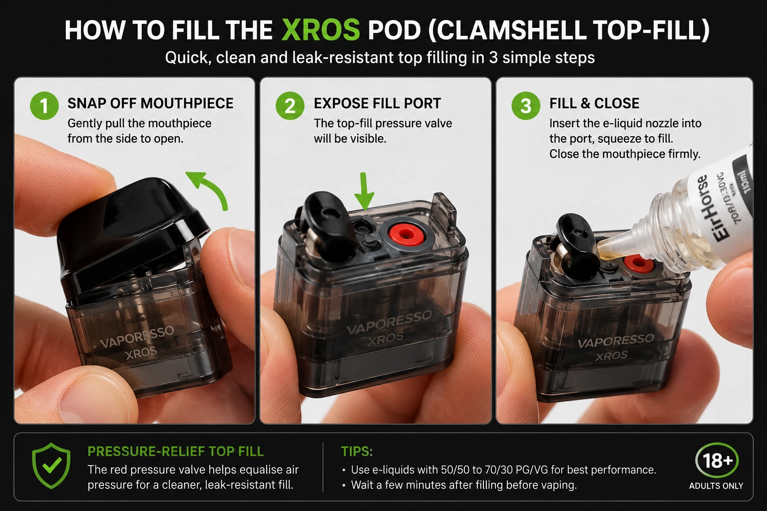 Vaporesso XROS pod clamshell top-fill guide showing mouthpiece removal and refill port